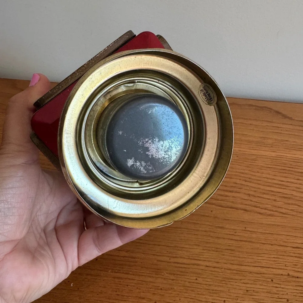 Vintage Red Metal and Brass Glass Pane Lantern Candle Holder Made in Hong Kong